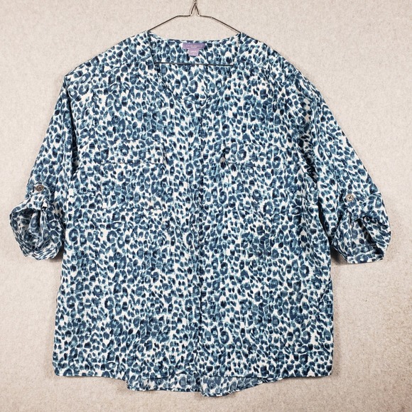 Laura Scott Tops - Laura Scott Woman Plus Size 2X Animal Print Blouse V-Neck Roll Tab Sleeve‎ Teal